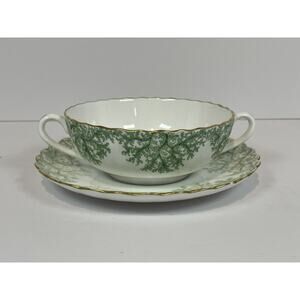 Spode Green Coral Cream Soup Bowl & Saucer Set Gold Trim EUC Rare Vintage